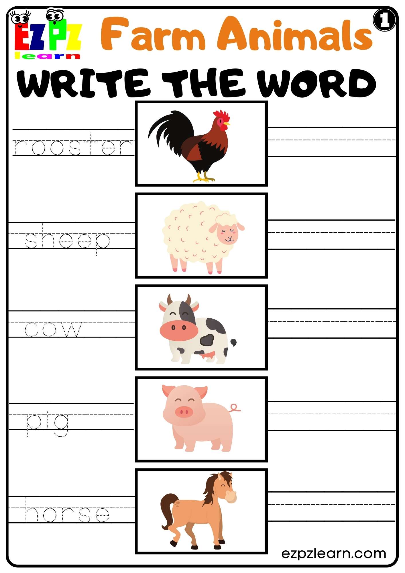 Farm Animals Write the Word Worksheet for Kindergarten or ESL Students Free PDF Download set 1